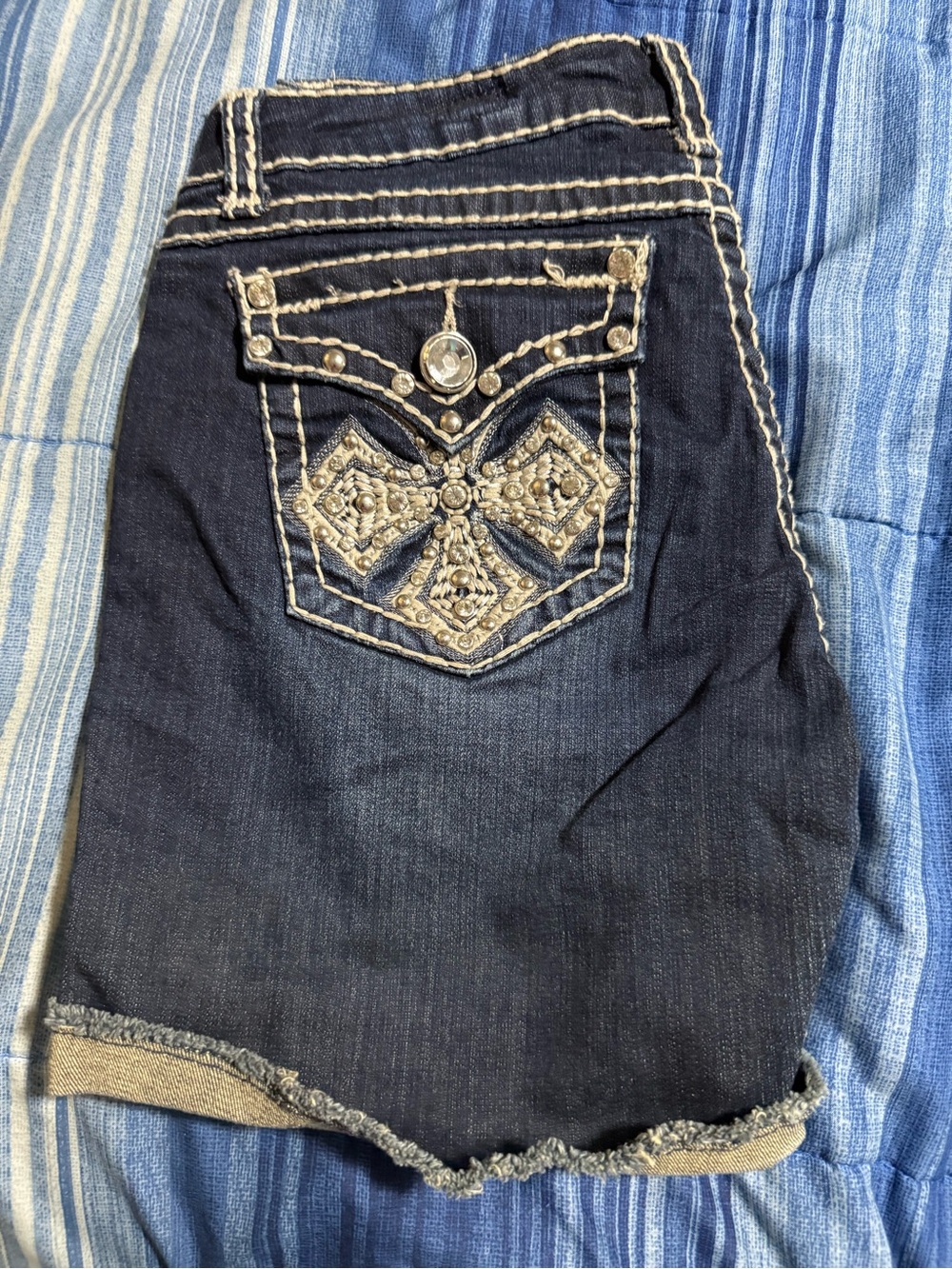 L.A. idol Dark Blue Embellished Denim Jean Shorts